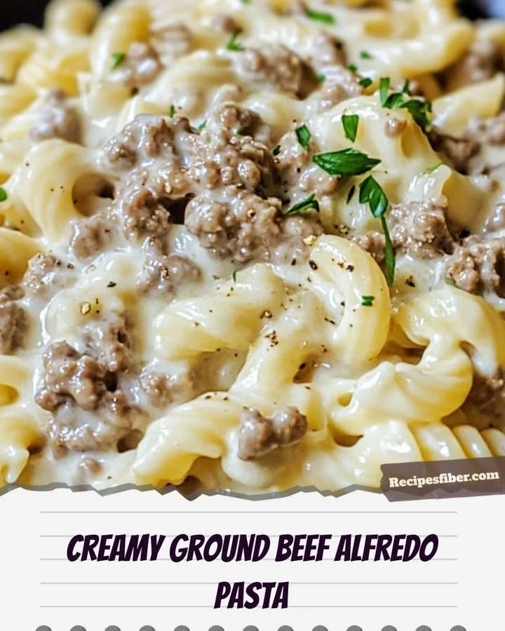 Creamy Ground Beef Alfredo Pasta in a bowl garnished with parsley