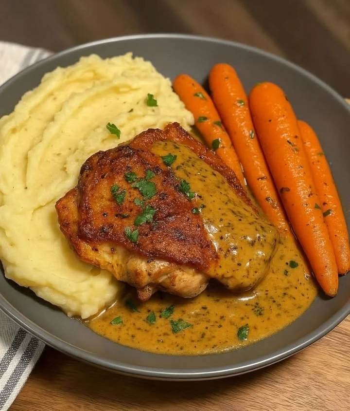 Creamy herb chicken dinner garnished with fresh herbs on a plate