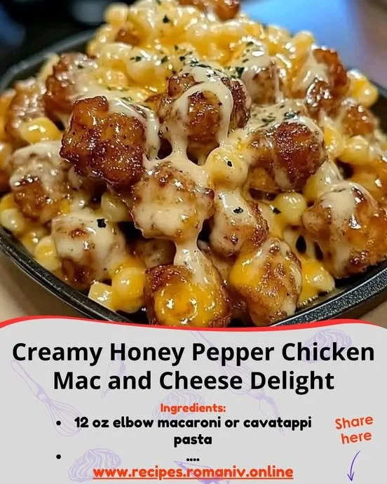 Creamy Honey Pepper Chicken Mac and Cheese dish with fresh herbs and cheese toppings.
