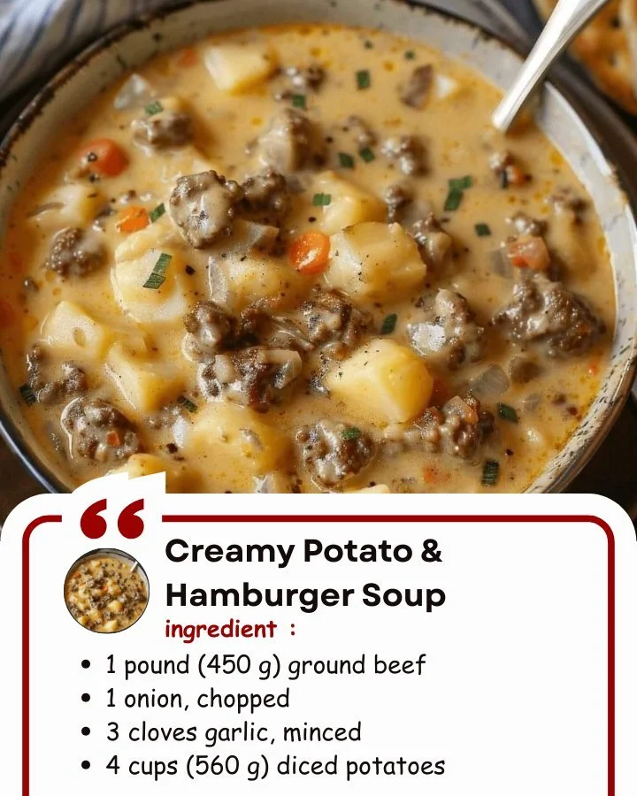 Bowl of creamy potato hamburger soup topped with herbs.