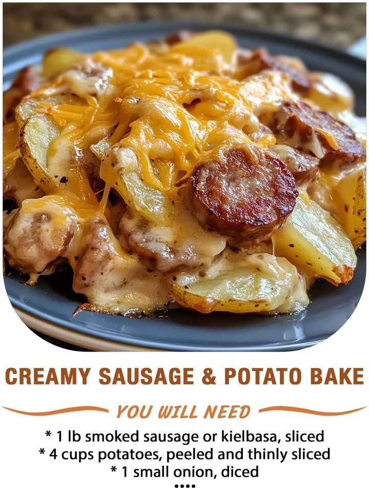 Creamy sausage and potato bake dish ready to serve.