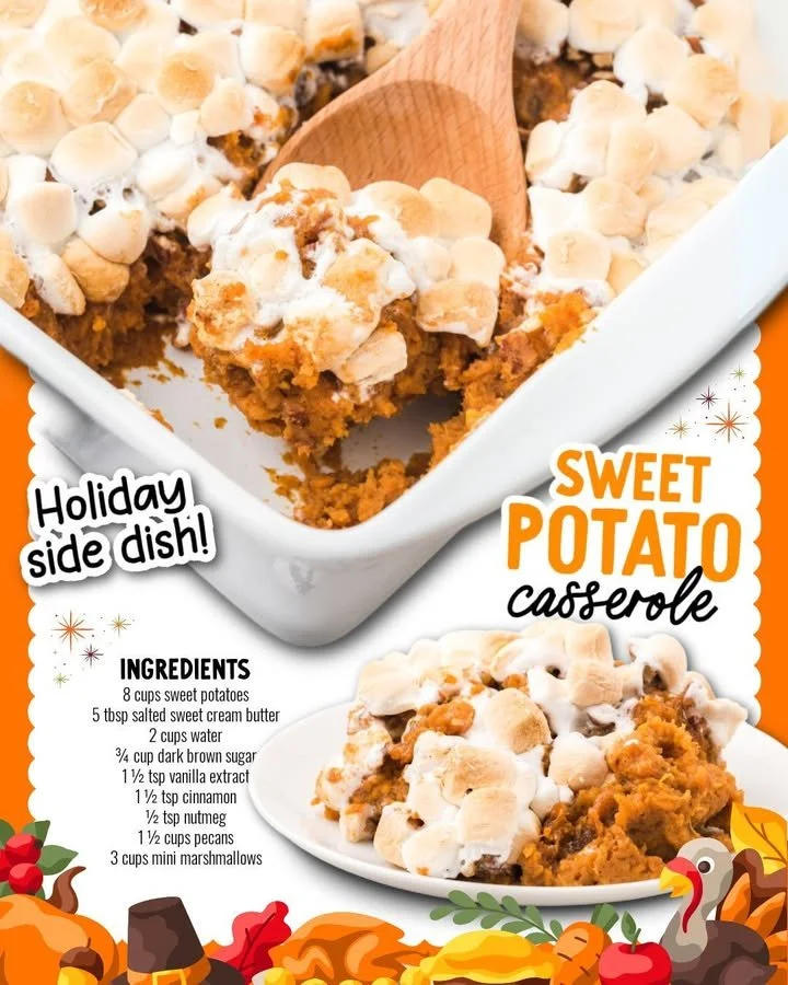 Creamy sweet potatoes with pecans and marshmallows in a baking dish