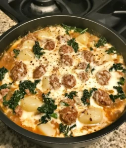 A bowl of creamy Zuppa Toscana soup with kale, sausage, and potatoes