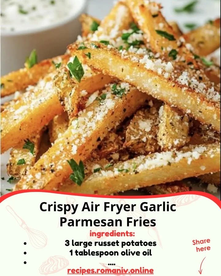 Crispy air fryer garlic parmesan fries topped with herbs and cheese