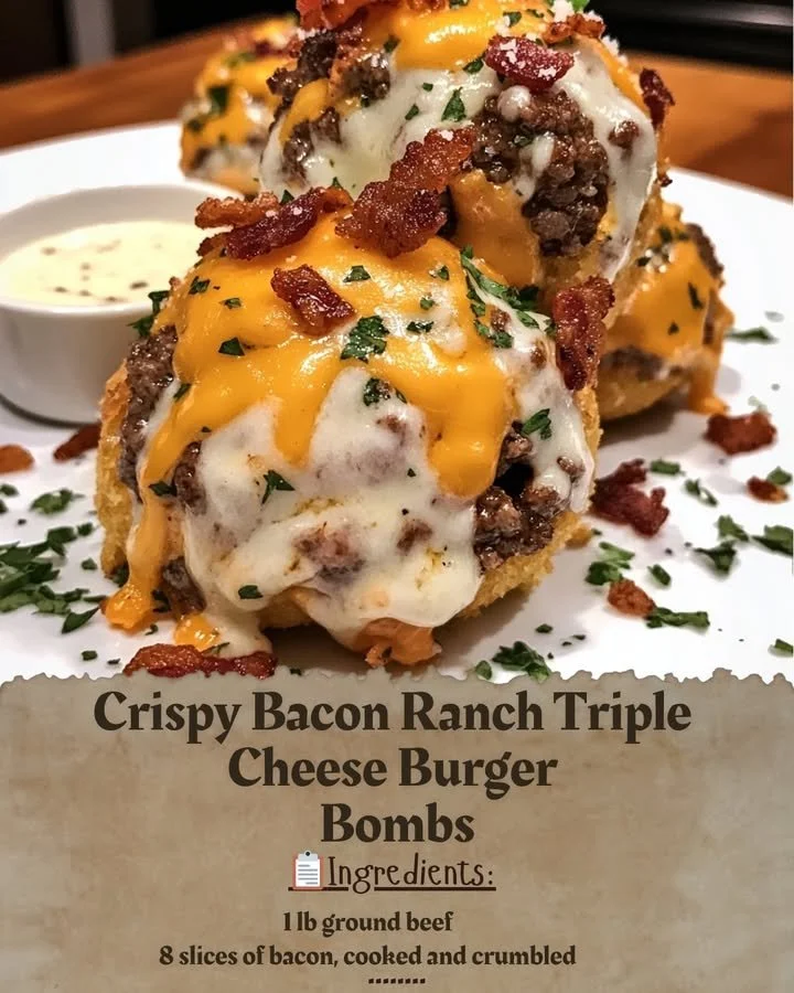Crispy Bacon Ranch Triple Cheese Burger Bombs served on a plate
