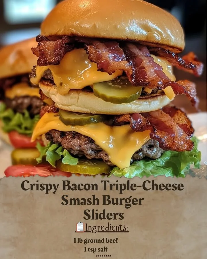 Crispy Bacon Triple-Cheese Smash Burger Sliders served on a platter