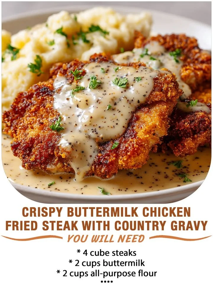 Crispy buttermilk chicken fried steak served with creamy country gravy