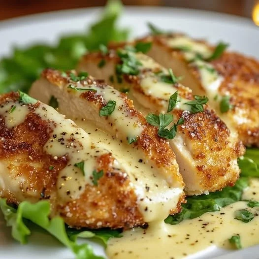 Plate of crispy chicken served with creamy Dijon sauce, garnished with herbs.