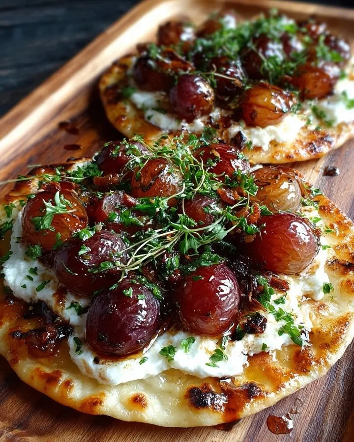 Crispy flatbread with burrata, roasted grapes, and maple drizzle on a plate