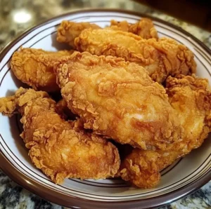 Plate of crispy fried chicken tenders with dipping sauce