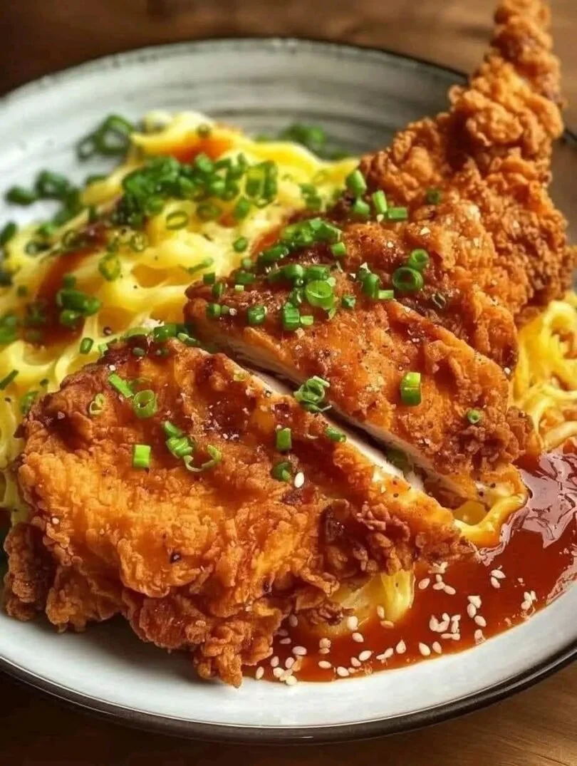 Plate of crispy fried chicken with noodles and sweet chili glaze