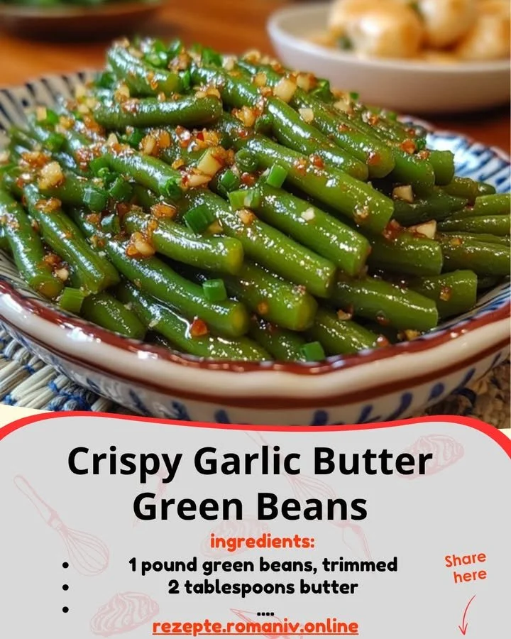 Crispy garlic butter green beans served on a plate garnished with herbs
