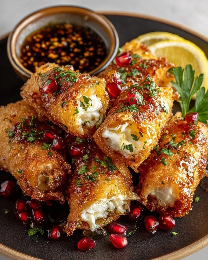 Crispy goat cheese rolls with chili honey and pomegranate for a flavorful appetizer