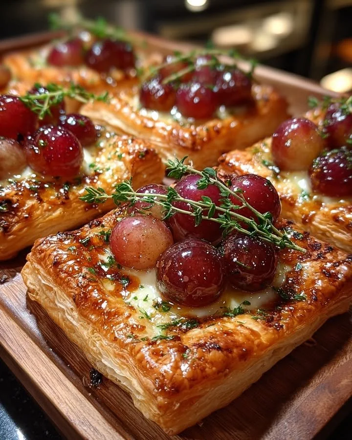 Crispy puff pastry squares with Brie cheese and roasted grapes drizzled with hot honey.