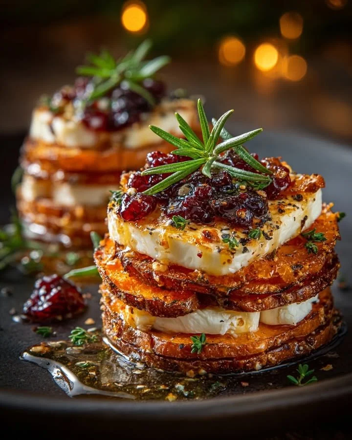 Crispy sweet potato stacks with brie, cranberry jam, and hot honey drizzle