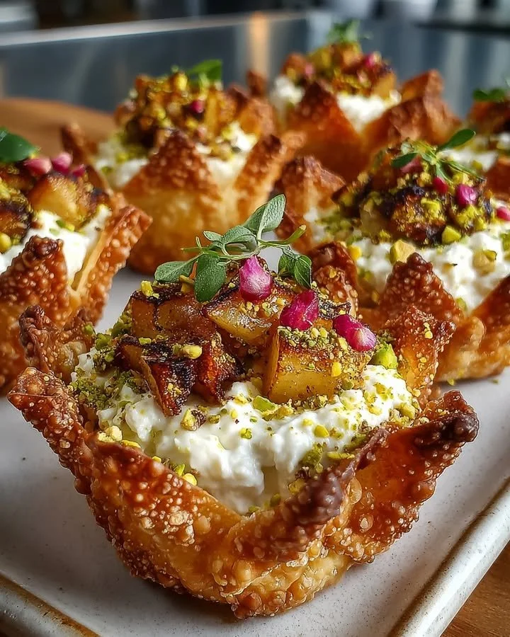 Crispy wonton cups with whipped feta, honeyed pears, and pistachio dust.