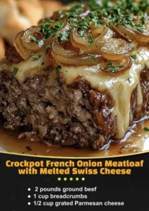 Crockpot French Onion Meatloaf topped with melted Swiss cheese served on a plate