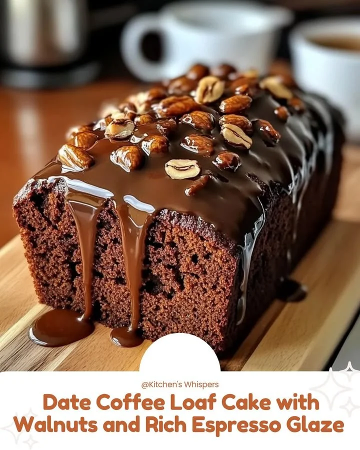 Delicious Date Coffee Loaf Cake with walnuts and rich espresso glaze