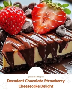 Decadent chocolate strawberry cheesecake topped with fresh strawberries.