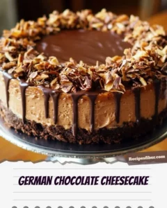 Decadent German Chocolate Cheesecake topped with chocolate, coconut, and nuts.