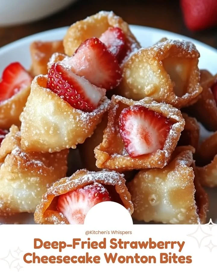 Deep-fried strawberry cheesecake wonton bites served on a plate