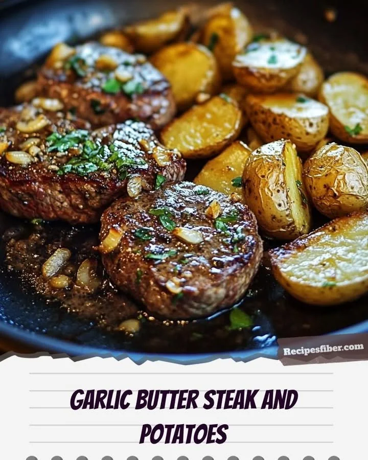 Plate of delicious garlic butter steak served with roasted potatoes