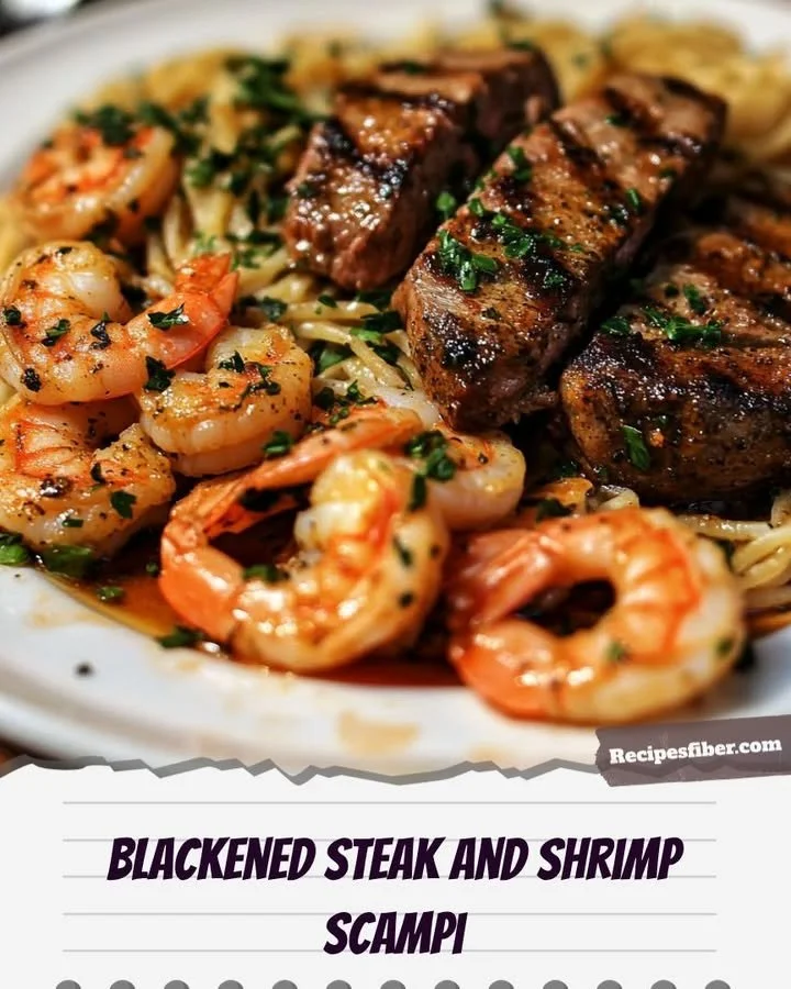 Delicious blackened steak served with shrimp scampi on a plate