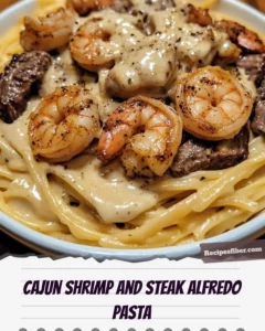Delicious Cajun Shrimp and Steak Alfredo Pasta dish served in a bowl