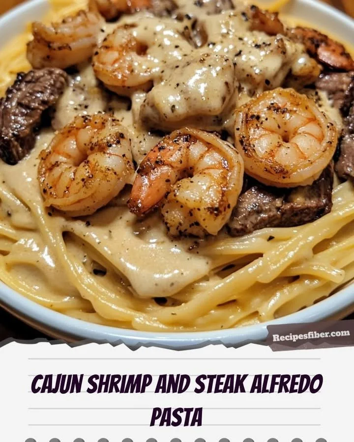 Delicious Cajun Shrimp and Steak Alfredo Pasta dish served in a bowl