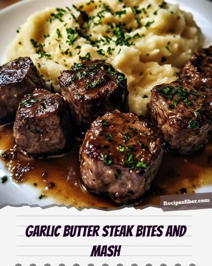 Delicious garlic butter steak bites served with creamy mashed potatoes on a plate.