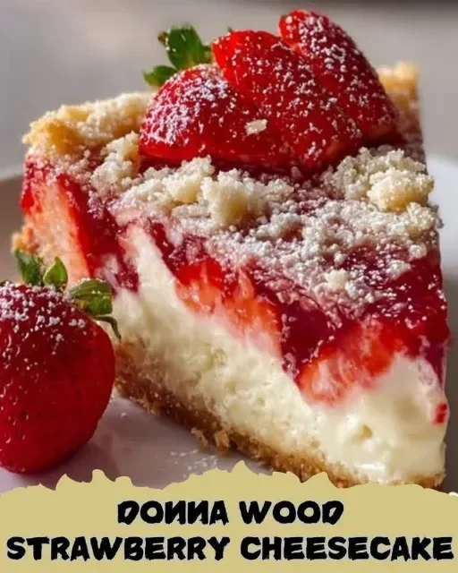 Delicious slice of Donna Wood's strawberry cheesecake topped with fresh strawberries.
