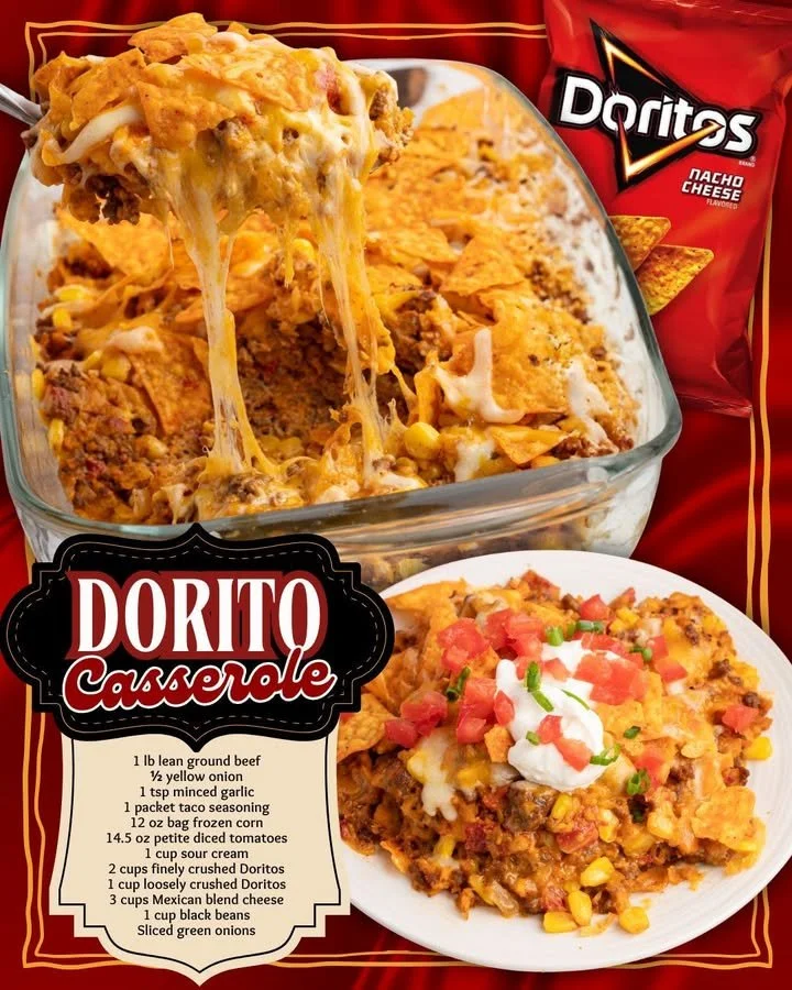 Savory Dorito casserole topped with melted cheese and crispy chips