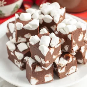 Delicious homemade hot chocolate fudge topped with marshmallows and chocolate drizzle