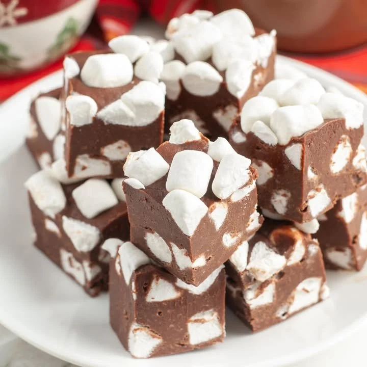 Delicious homemade hot chocolate fudge topped with marshmallows and chocolate drizzle