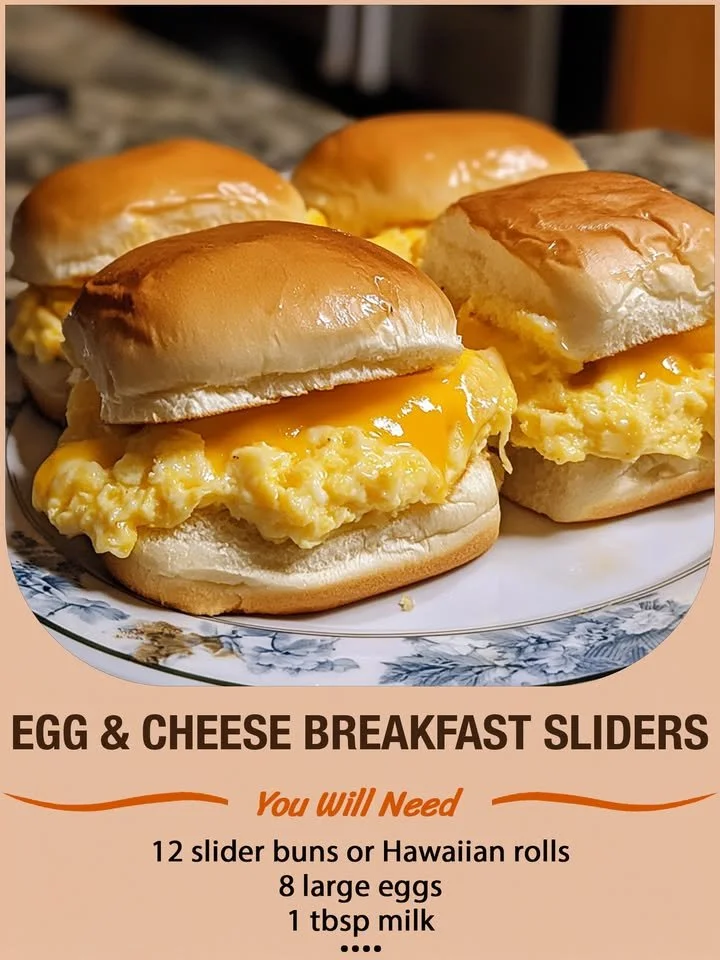 Egg and cheese breakfast sliders served on a wooden board.