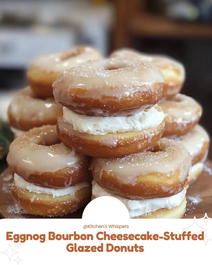 Eggnog bourbon cheesecake-stuffed glazed donuts topped with glaze