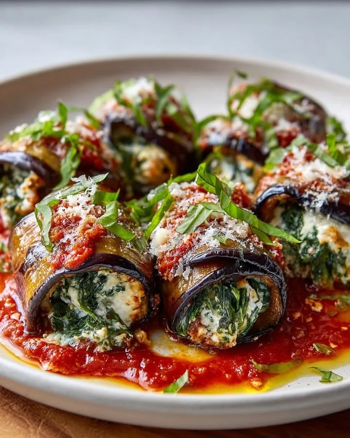 Eggplant Roll-Ups filled with creamy ricotta and fresh spinach