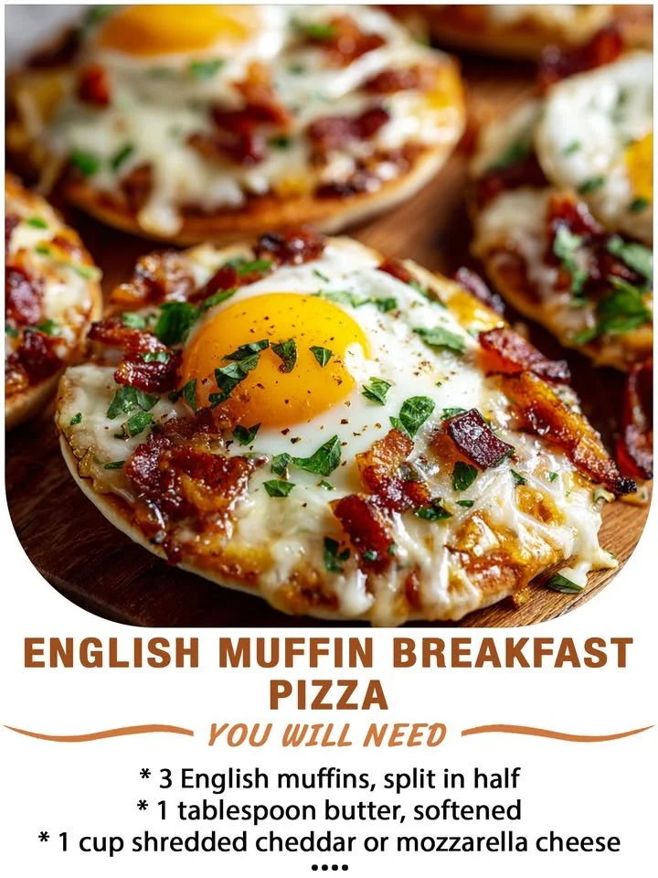 Delicious English muffin breakfast pizza topped with fresh ingredients