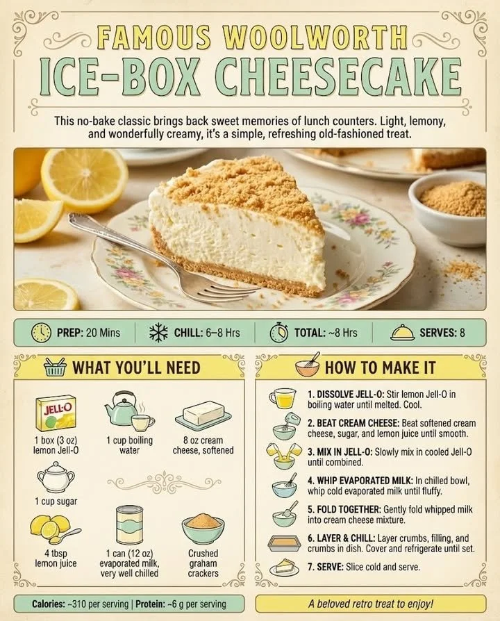 Delicious Woolworth ice-box cheesecake topped with whipped cream and berries.