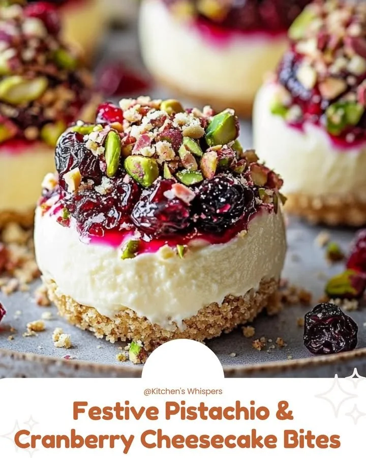 Festive pistachio and cranberry cheesecake bites on a decorative plate