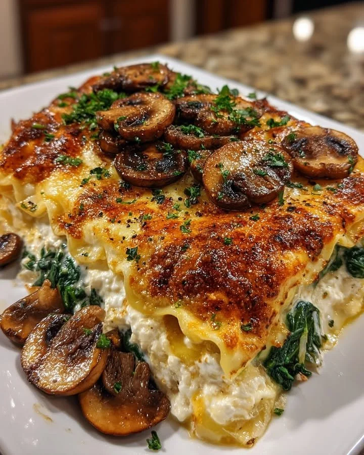 Feta Cheese Mushroom and Spinach Lasagna Bake in a white casserole dish