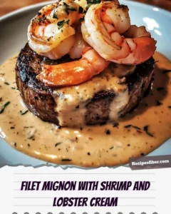 Plate of Filet Mignon with Shrimp and Lobster Cream sauce, garnished elegantly.
