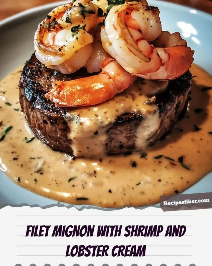 Plate of Filet Mignon with Shrimp and Lobster Cream sauce, garnished elegantly.