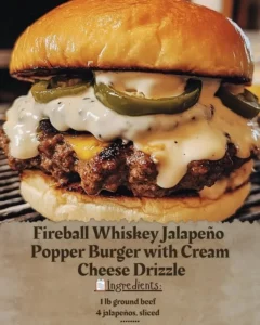 Fireball Whiskey Jalapeño Popper Burger with cream cheese drizzle