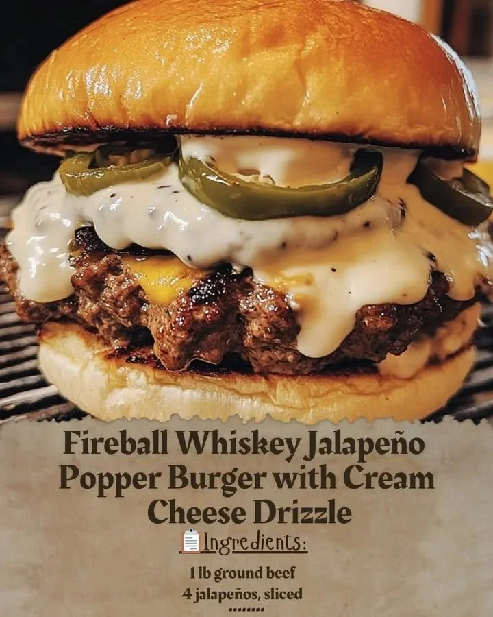 Fireball Whiskey Jalapeño Popper Burger with cream cheese drizzle