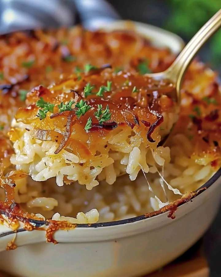 Bowl of creamy French Onion Butter Rice garnished with fresh herbs