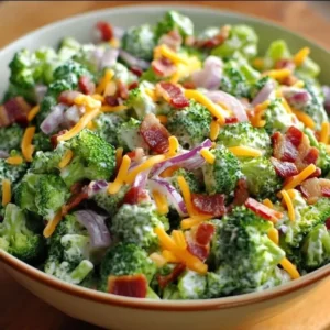 Fresh broccoli bacon salad with crunchy toppings and a creamy dressing