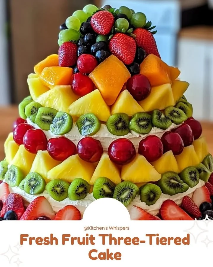 Fresh Fruit Three-Tiered Cake with vibrant fruits and creamy frosting