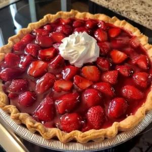Fresh Strawberry Pie topped with whipped cream and fresh strawberries