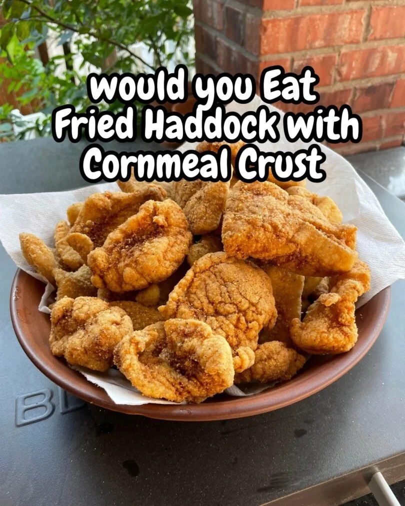 Plate of Fried Haddock with a golden cornmeal crust served with lemon wedges.